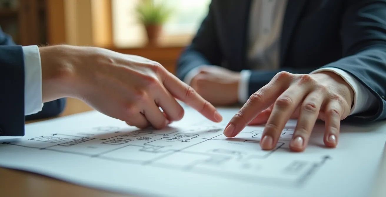 Agent immobilier analysant attentivement des documents avec un client dans un bureau professionnel