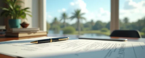 Un investisseur étudiant des documents immobiliers avec vue sur le paysage de Floride en arrière-plan