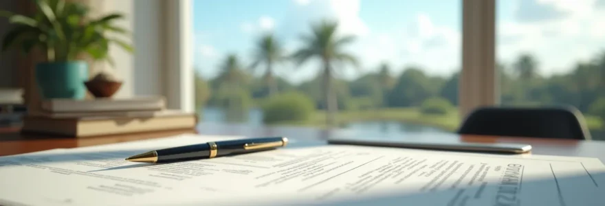 Un investisseur étudiant des documents immobiliers avec vue sur le paysage de Floride en arrière-plan