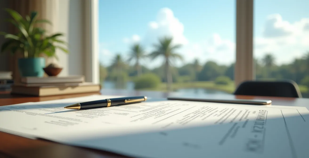 Un investisseur étudiant des documents immobiliers avec vue sur le paysage de Floride en arrière-plan