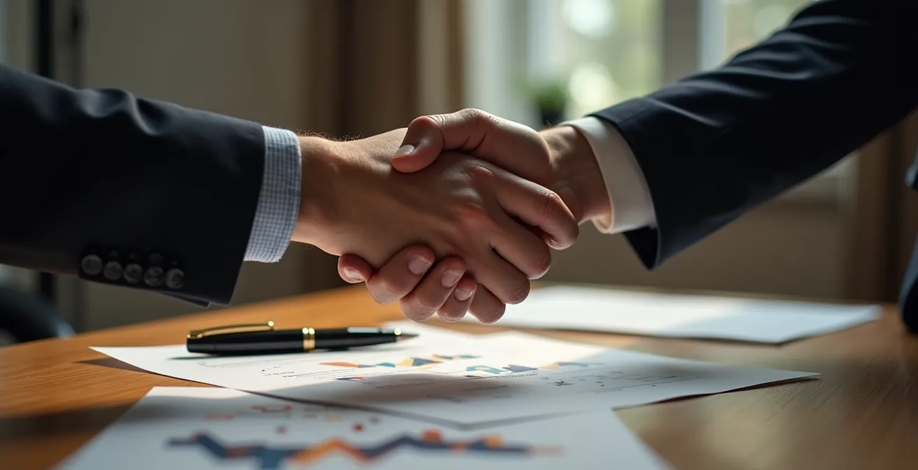 Poignée de main professionnelle au-dessus d'un bureau avec stylo et documents flous