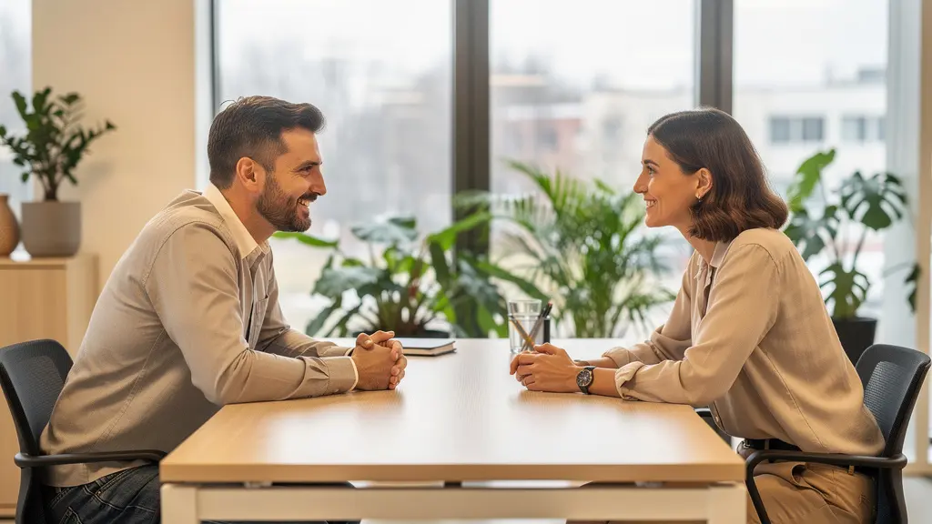 Conseiller en financement et client en discussion dans espace lumineux pour optimisation crédit immobilier