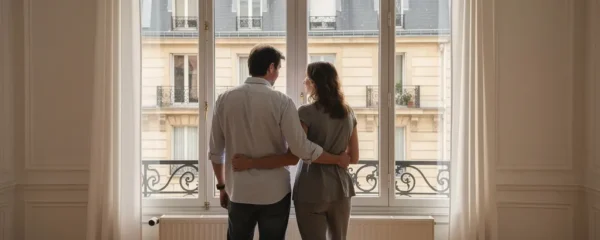 Couple visitant un appartement parisien avec vue sur immeubles haussmanniens pour projet crédit immobilier