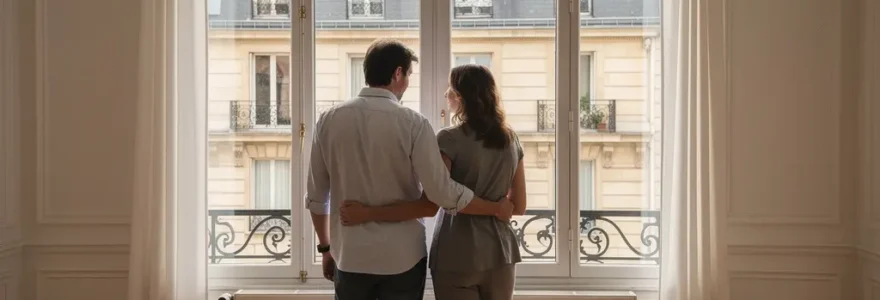 Couple visitant un appartement parisien avec vue sur immeubles haussmanniens pour projet crédit immobilier