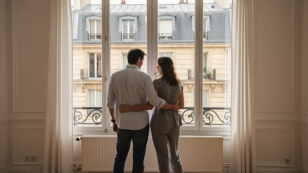 Couple visitant un appartement parisien avec vue sur immeubles haussmanniens pour projet crédit immobilier