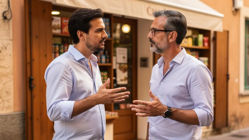 Deux professionnels européens discutant devant une vitrine commerciale en région méditerranéenne