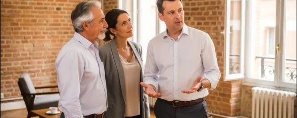 Expert immobilier présentant éléments architecturaux à couple dans appartement toulousain lumineux