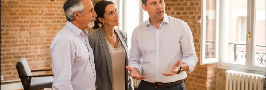 Expert immobilier présentant éléments architecturaux à couple dans appartement toulousain lumineux