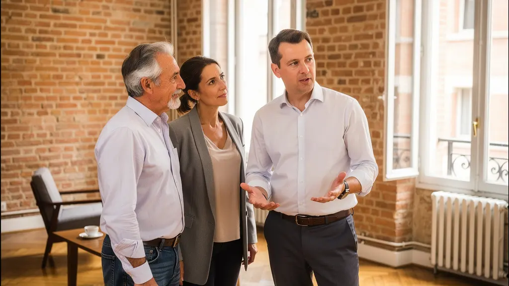 Expert immobilier présentant éléments architecturaux à couple dans appartement toulousain lumineux
