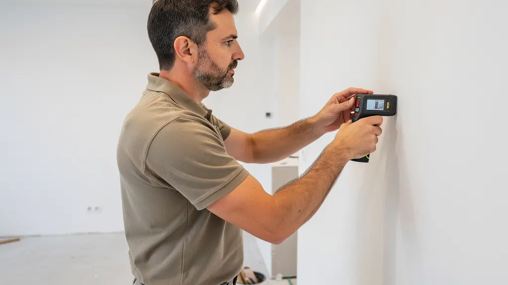 Expert immobilier utilisant appareil de mesure laser sur mur intérieur lors expertise Toulouse