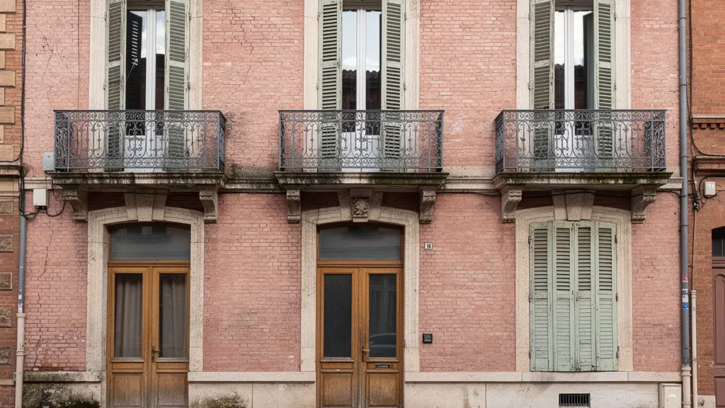 Façade immeuble briques roses typique Toulouse avec balcons fer forgé architecture occitane