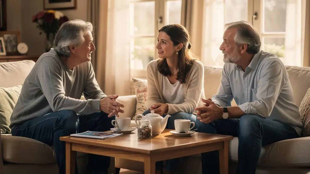 Trois membres famille française discussion calme autour table salon pour question patrimoniale