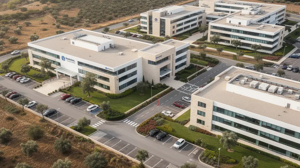 Vue aérienne d'une zone d'activités technologique en région PACA type Sophia Antipolis