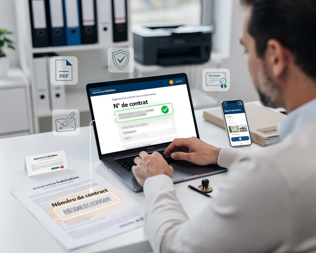 un assuré consulte son contrat d'assurance pour répérer le numéro de contrat