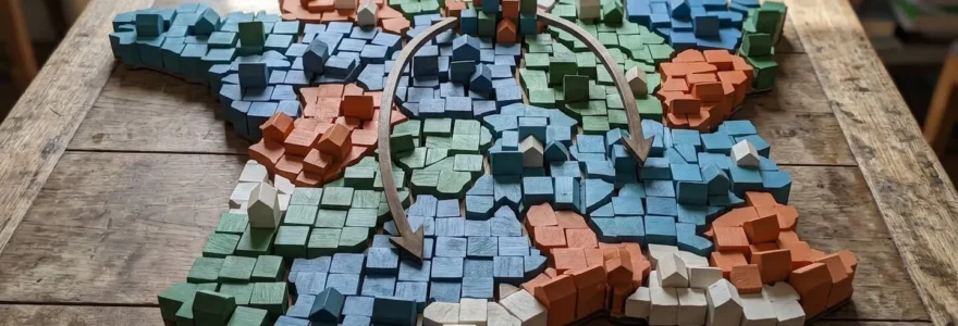 Carte de France en 3D avec maisons colorées représentant les disparités régionales du marché immobilier.