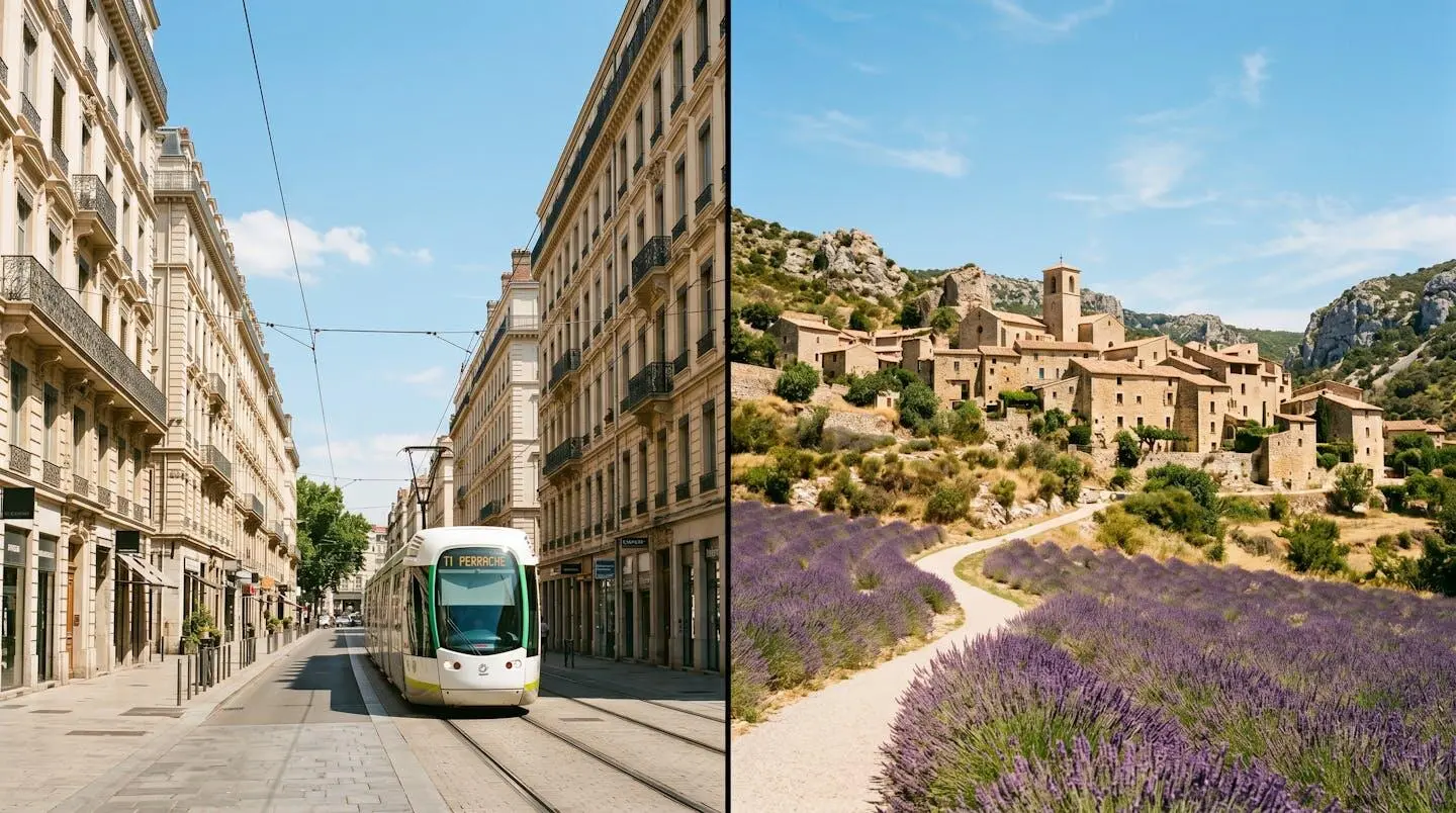 Split screen comparant un quartier de Lyon et un village occitan.