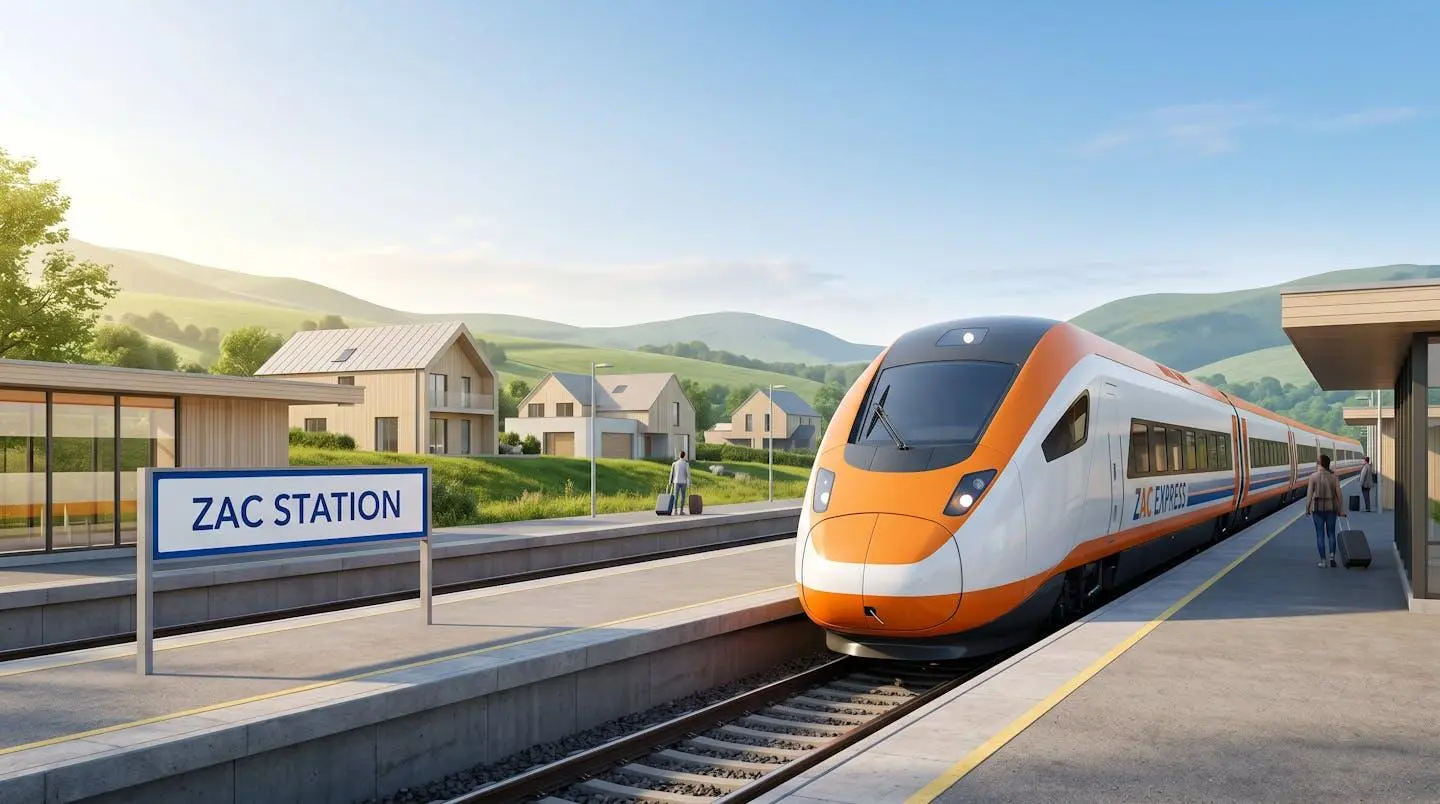 Un TGV arrive dans une gare de campagne signalant l'arrivée de nouveaux projets d'aménagement.