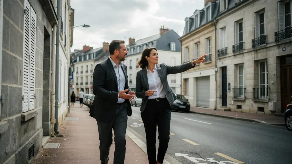 Agent immobilier expliquant les caractéristiques d'un quartier résidentiel nantais à un client lors d'une visite de secteur