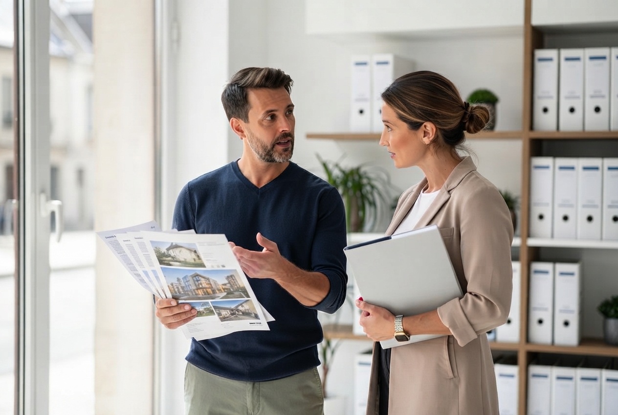 Agent immobilier expliquant les détails contractuels et honoraires à un client lors d'une consultation debout