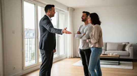 Agent immobilier guidant un couple lors d'une visite d'appartement à Nantes
