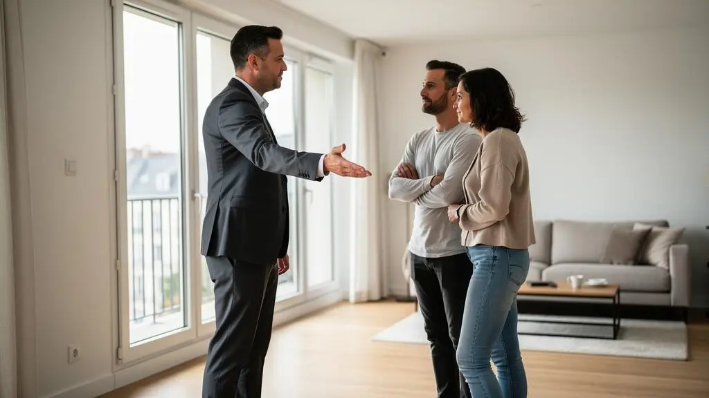 Agent immobilier guidant un couple lors d'une visite d'appartement à Nantes