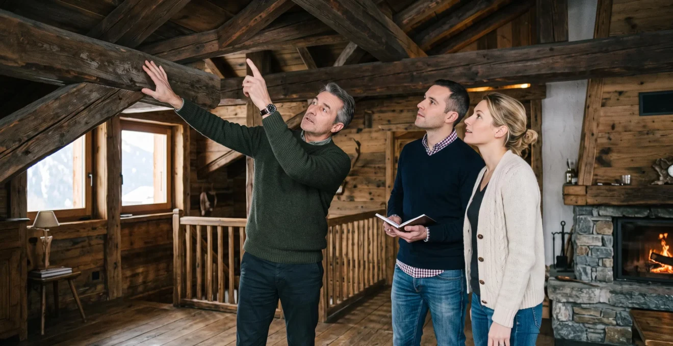 Un agent immobilier examine la charpente en bois d'un chalet avec un couple acheteur aux Gets.