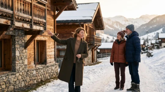 Une agente immobilière présente un chalet en bois traditionnel à un couple sur un chemin enneigé aux Gets.