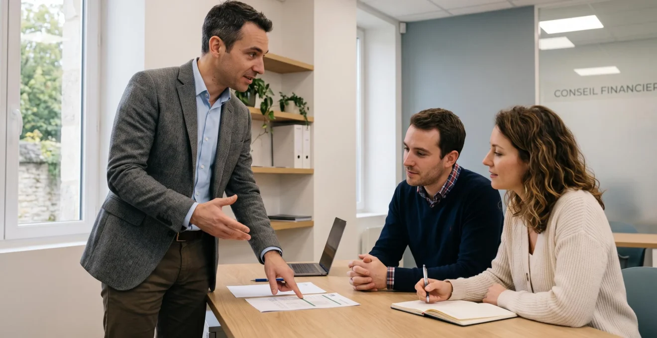 Financial advisor explaining mortgage loan parameters to a couple during a consultation in a French bank