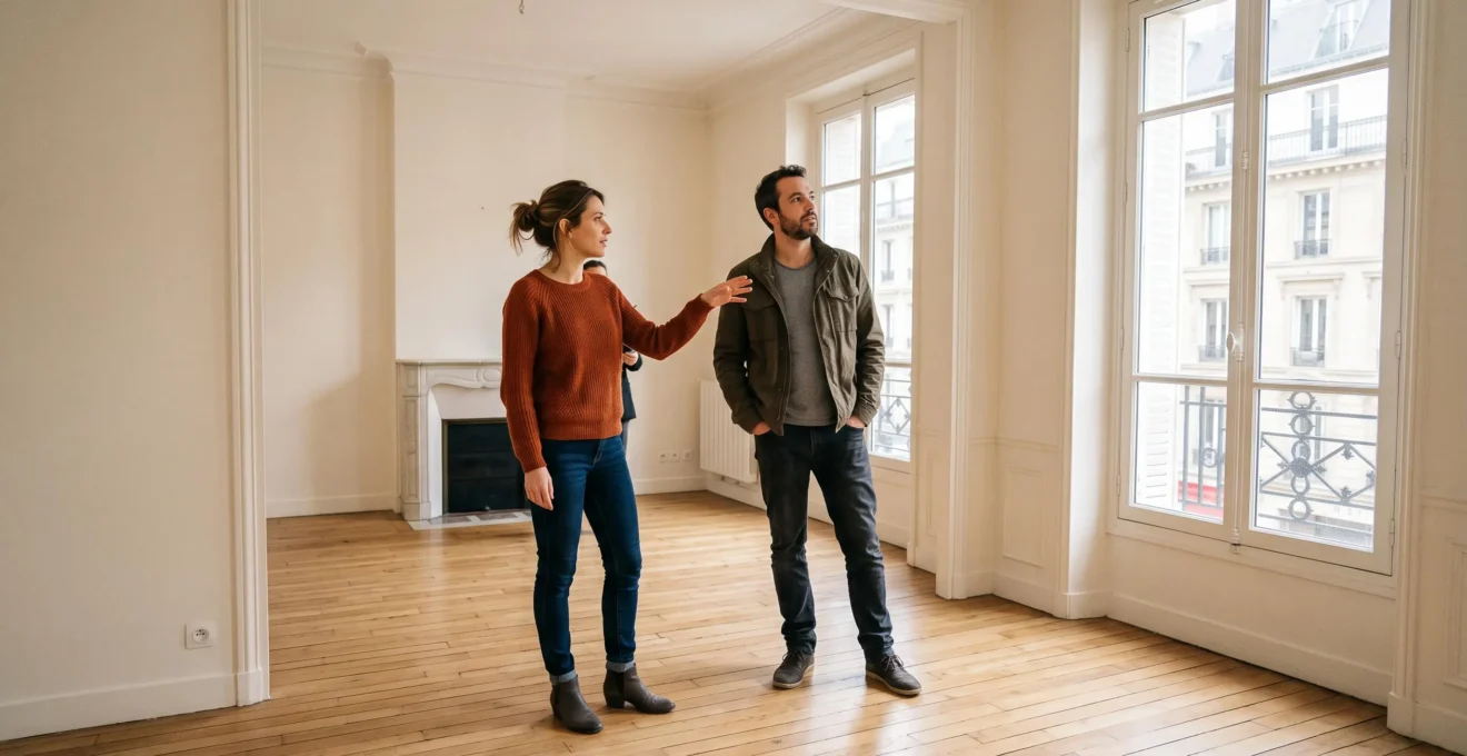 Young couple visiting and evaluating a bright apartment during a property viewing in France