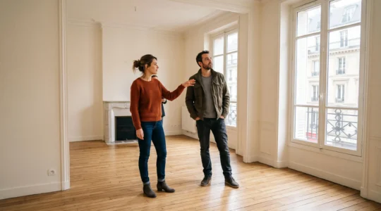 Young couple visiting and evaluating a bright apartment during a property viewing in France