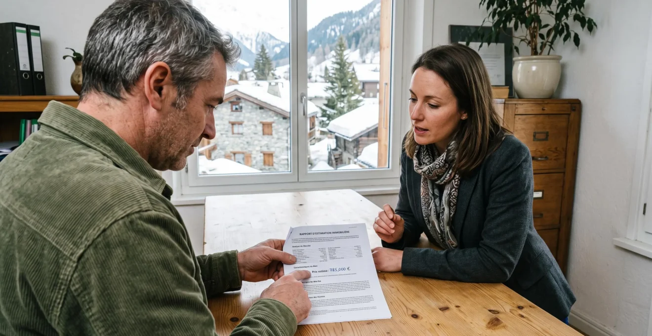 Un agent immobilier et un vendeur examinent ensemble une estimation de bien sur une table en bois.
