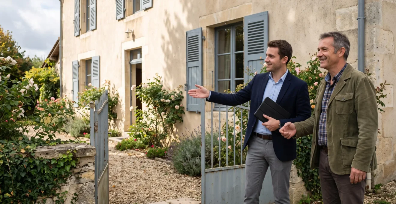 Un propriétaire serre la main d'un agent immobilier devant une maison individuelle française au début d'une visite de mise en vente.