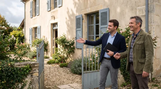 Un propriétaire serre la main d'un agent immobilier devant une maison individuelle française au début d'une visite de mise en vente.
