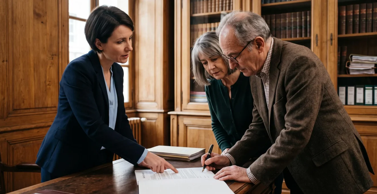 Un couple de vendeurs signe l'acte authentique chez le notaire, guidé par ce dernier dans une étude à boiseries.