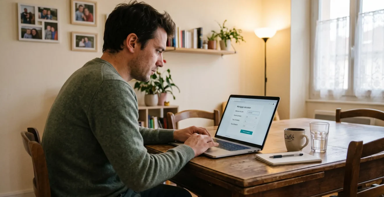 Person using a mortgage loan simulator on a laptop at home in France